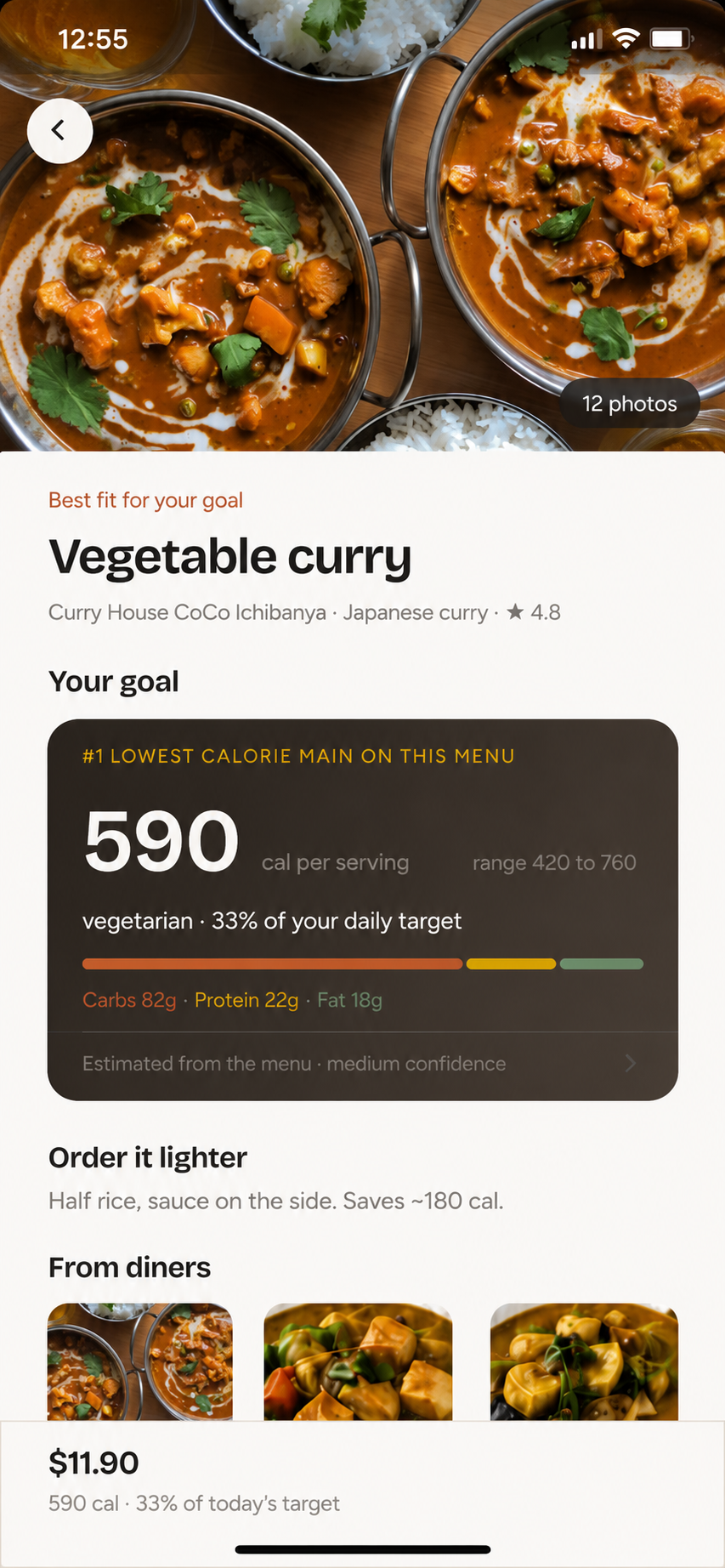 Platly dish recommendation showing calories, protein, confidence and ordering tips