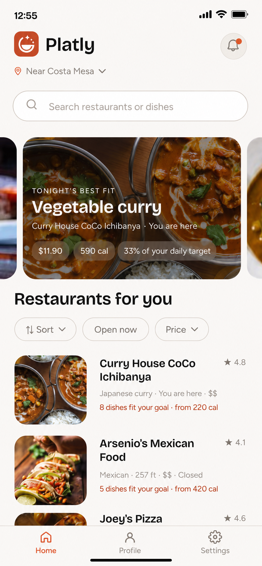 Platly home screen showing personalized restaurants and best-fit dishes