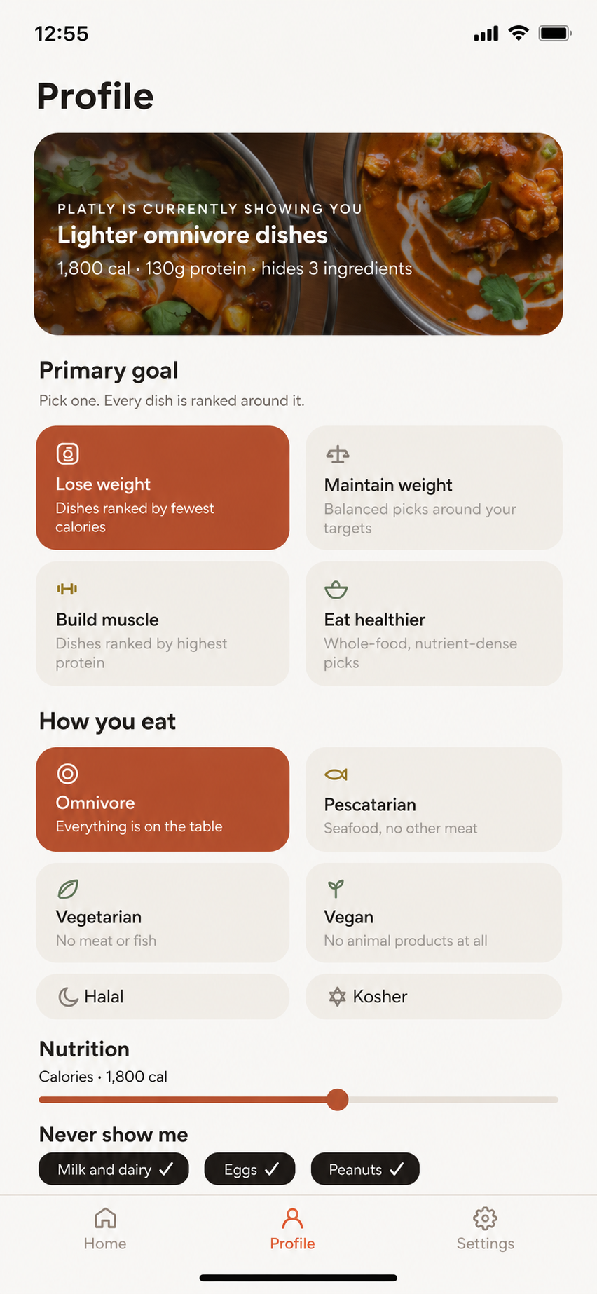 Platly profile settings for goals, diet, nutrition targets and allergens