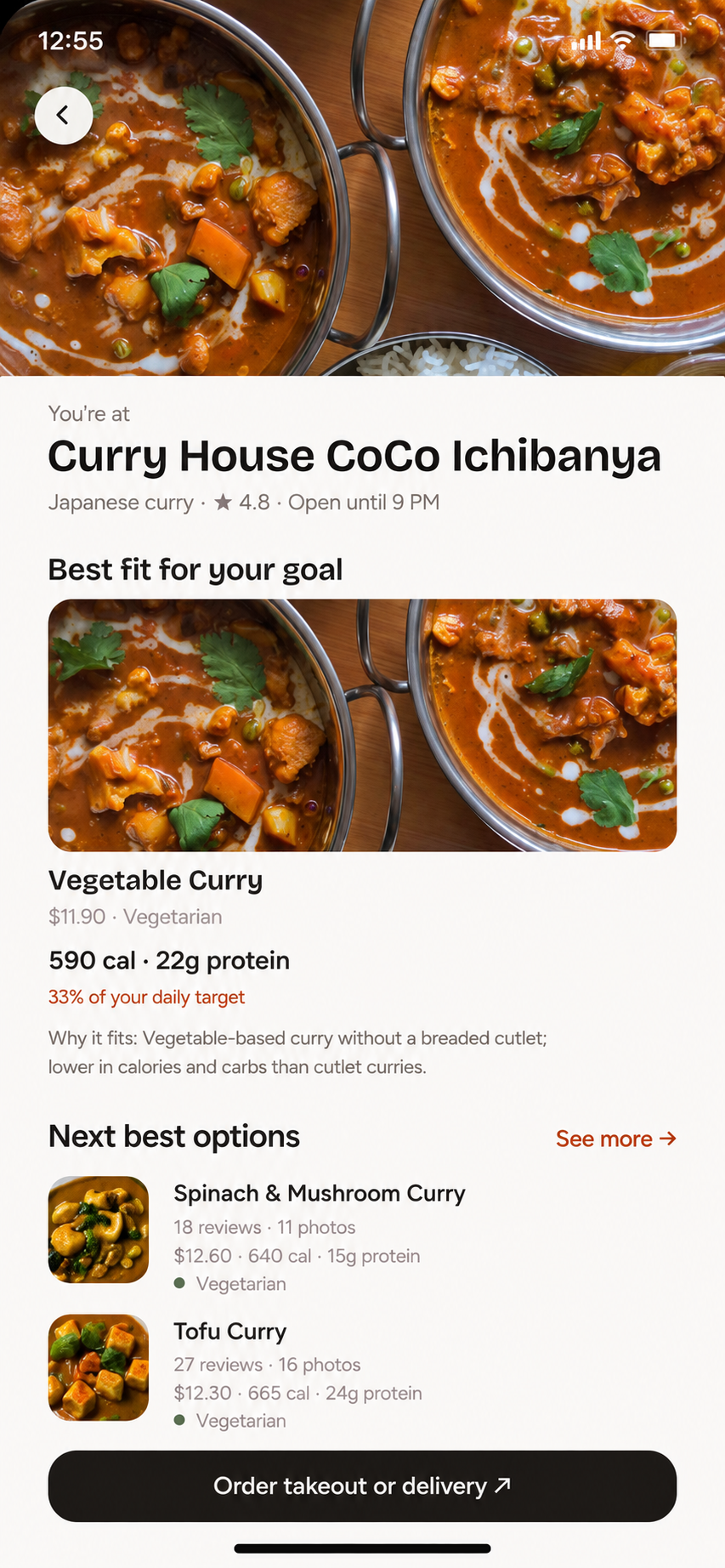 Platly restaurant screen ranking the best dishes for a user’s goal
