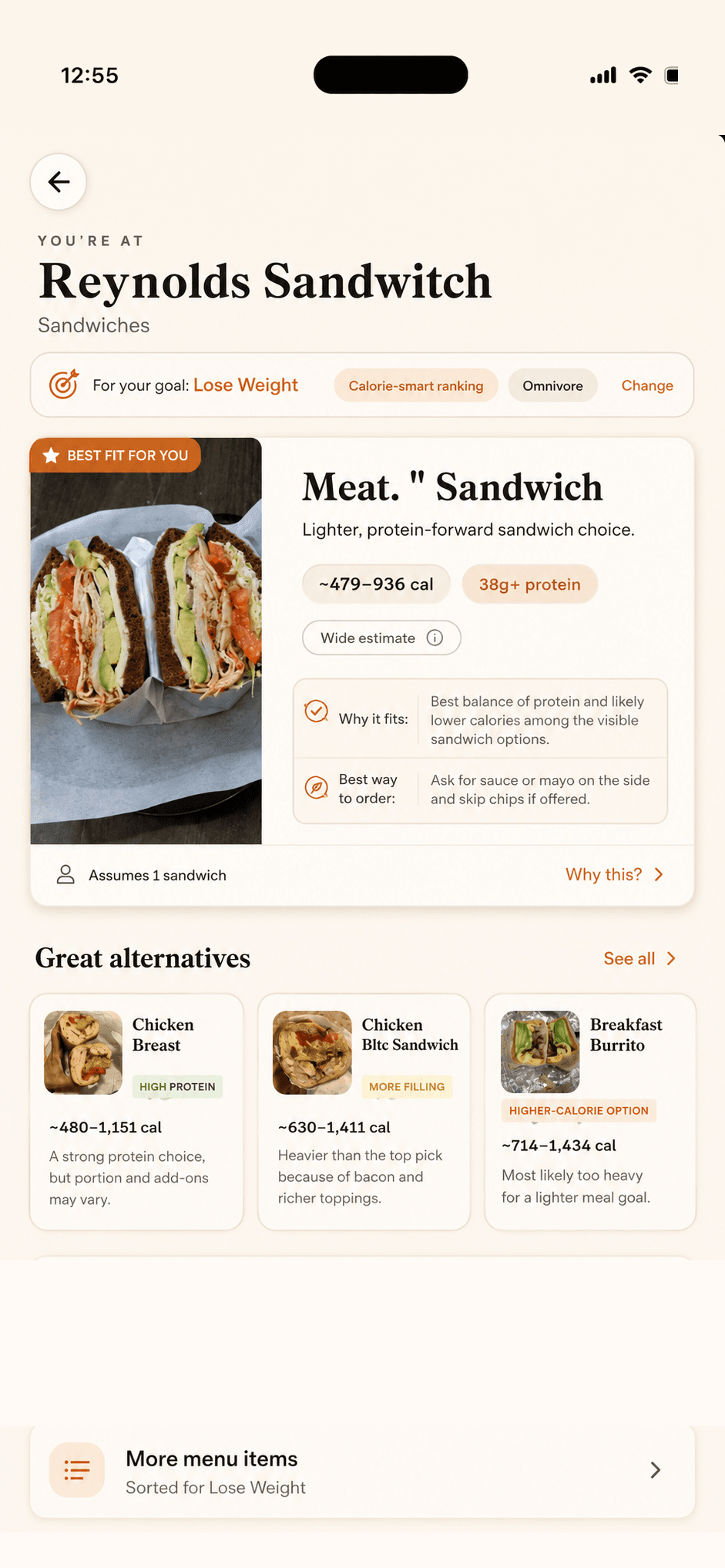 Platly restaurant screen recommending a sandwich as best fit for losing weight, with a calorie range, protein badge, why it fits, and great alternatives.