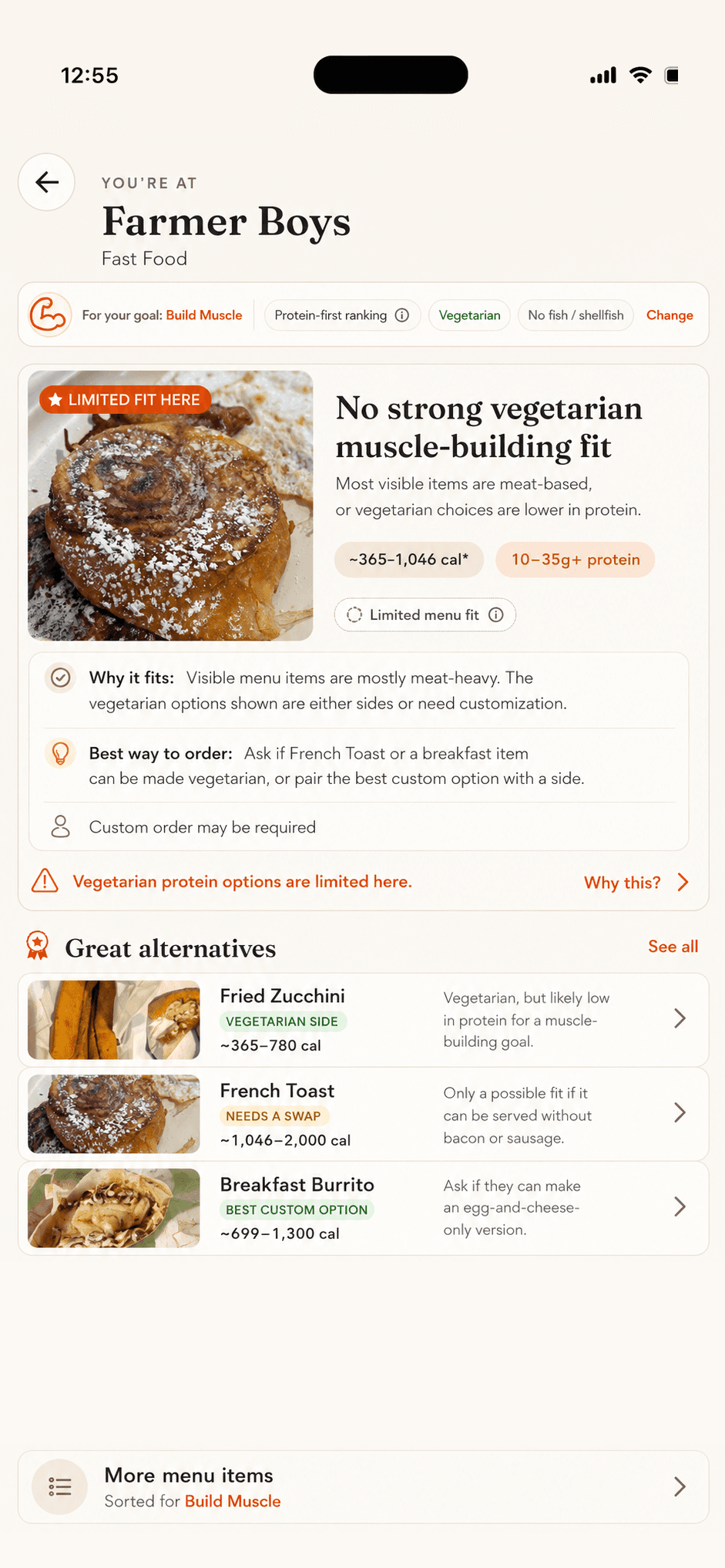 Platly honestly reporting a limited fit at Farmer Boys: no strong vegetarian muscle-building option, with realistic alternatives and how to customize them.