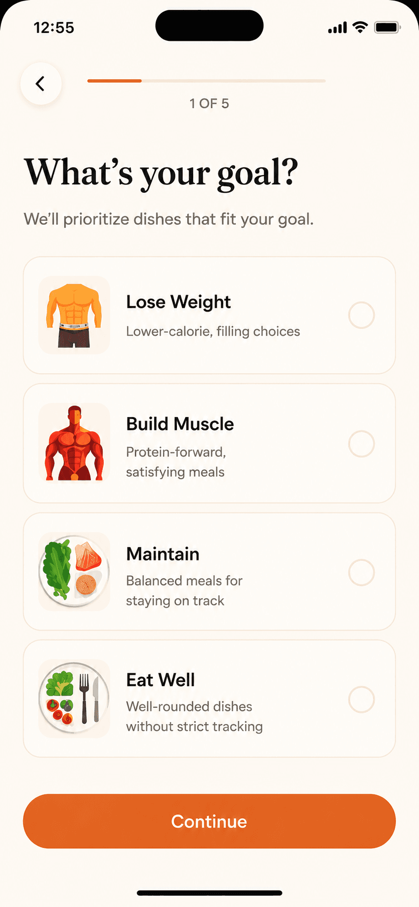 Platly onboarding screen asking “What’s your goal?” with four options: Lose Weight, Build Muscle, Maintain, and Eat Well.