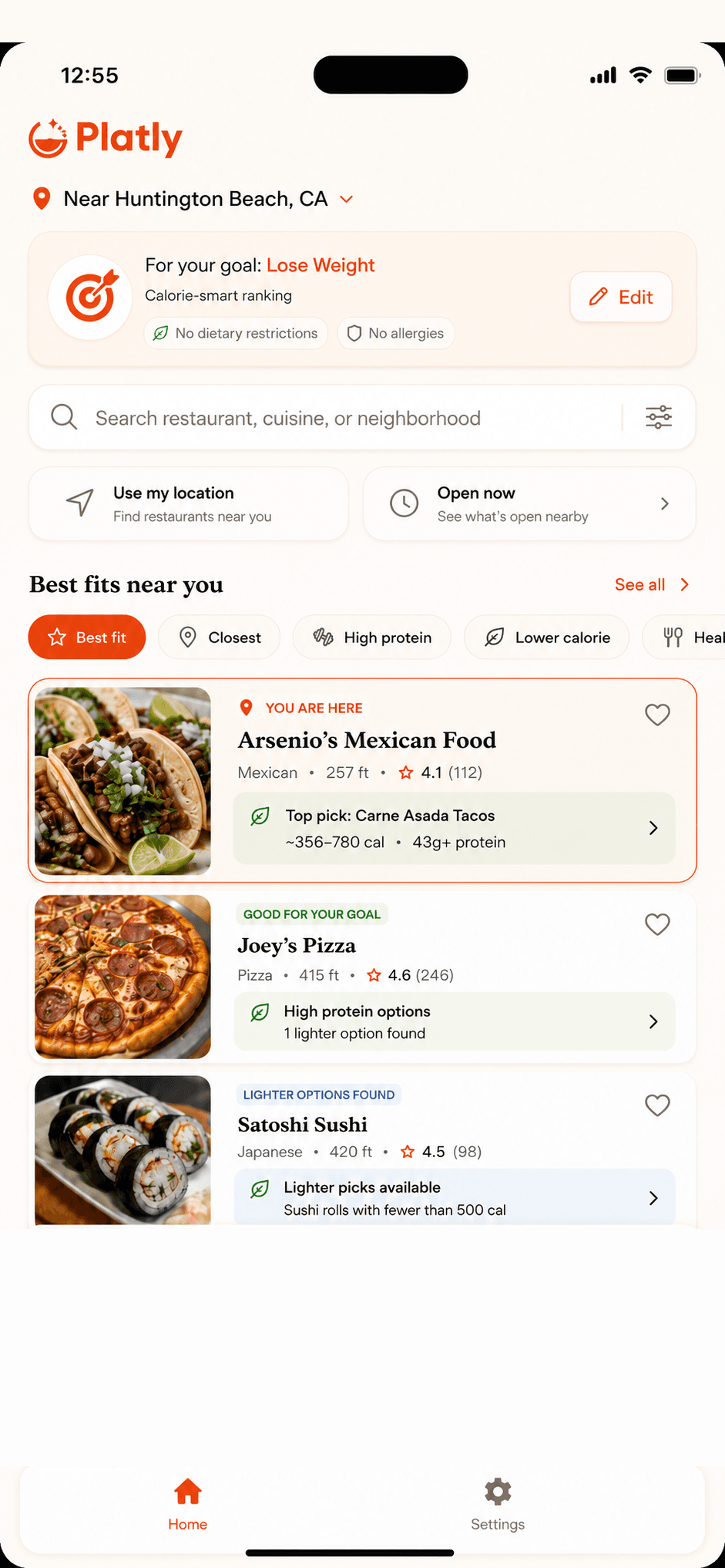 Platly home screen listing nearby analyzed restaurants with best-fit labels, like a top pick of Carne Asada Tacos at a Mexican restaurant.